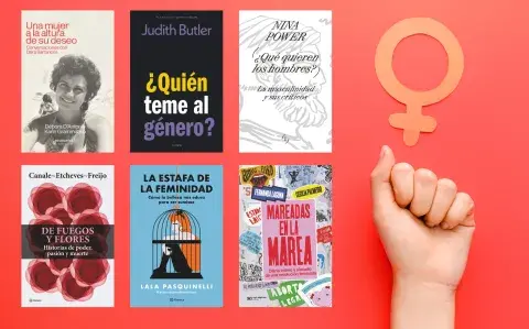 Un puño levantado con un símbolo del feminismo y portadas de libros.