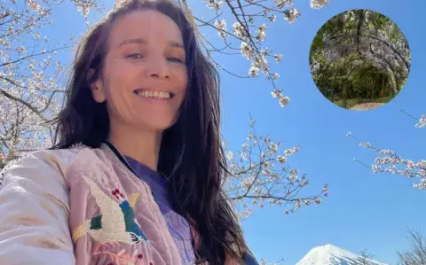 Natalia Oreiro mostró su jardín japonés: puente rojo sobre un estanque y árboles de flores
