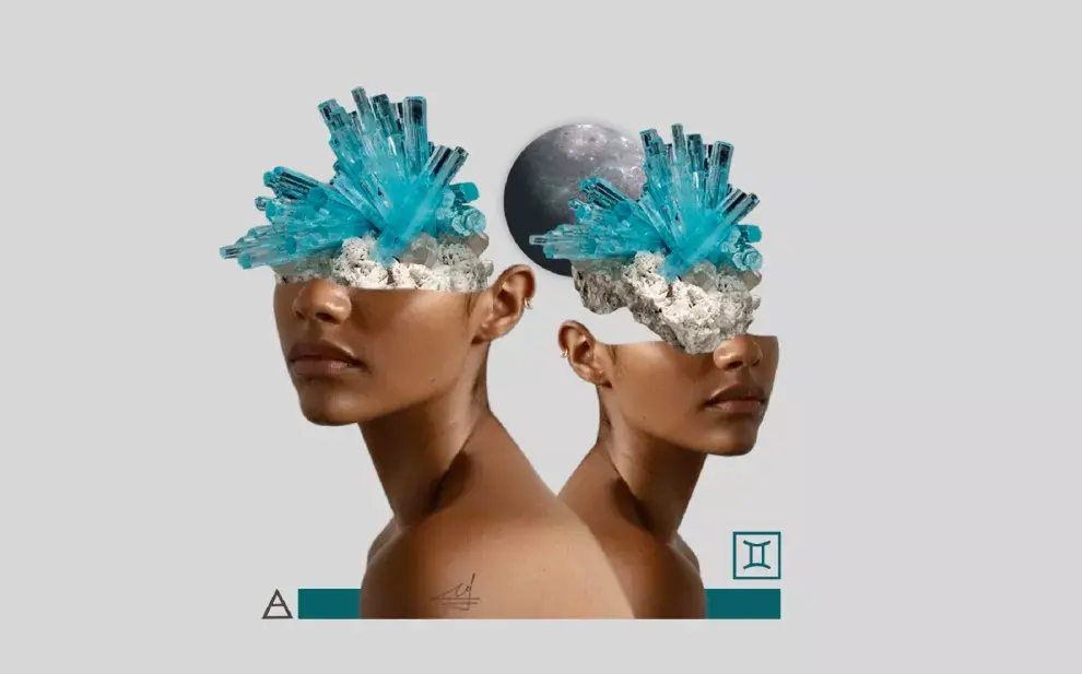 Collage de dos mujeres con la cabeza de piedras preciosas.