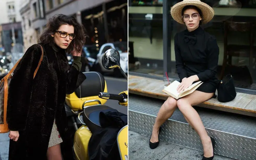 Dos fotos de mujeres en la calle usando anteojos de visión.