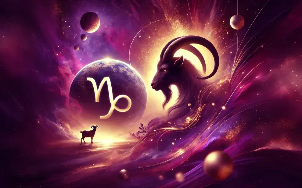 Imagen galáctica con una ilustración de una cabra iluminada sobre el espacio mirando hacia el símbolo de capricornio para la temporada 2025