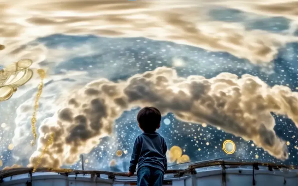 Niño mirando hacia un cielo abierto ilustrado con nubes, estrellas y demás objetos celestes en una galaxia