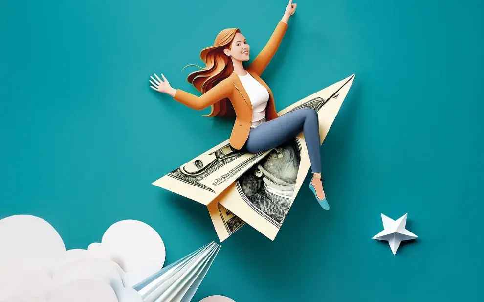 Mujer montando un dolar para demostrar su independencia financiera