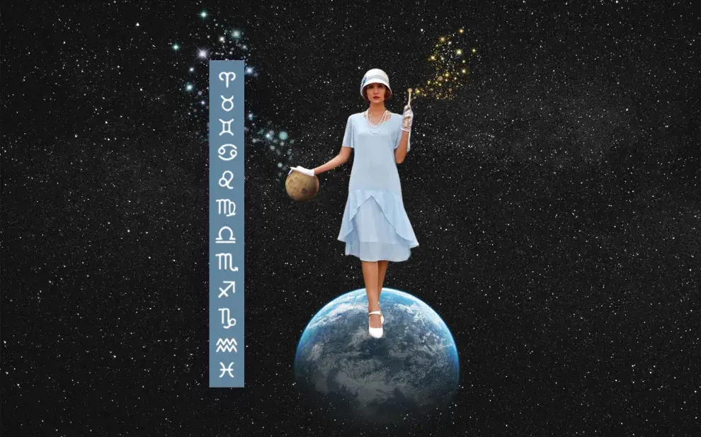 Una mujer parada encima de un planeta