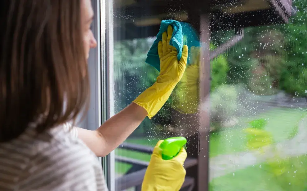 Foto de mujer limpiando ventanas.