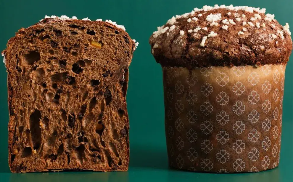 Está elaborado con cacao, avellanas tostadas, naranjas confitadas y chocolate semiamargo, y coronado con un craquelin de cacao y avellanas.